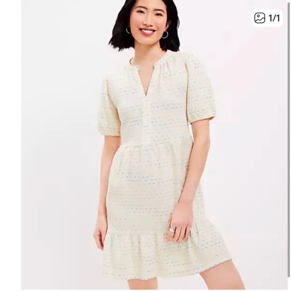 Loft NWT Cream Short Sleeve Dress with Subtle Stripes